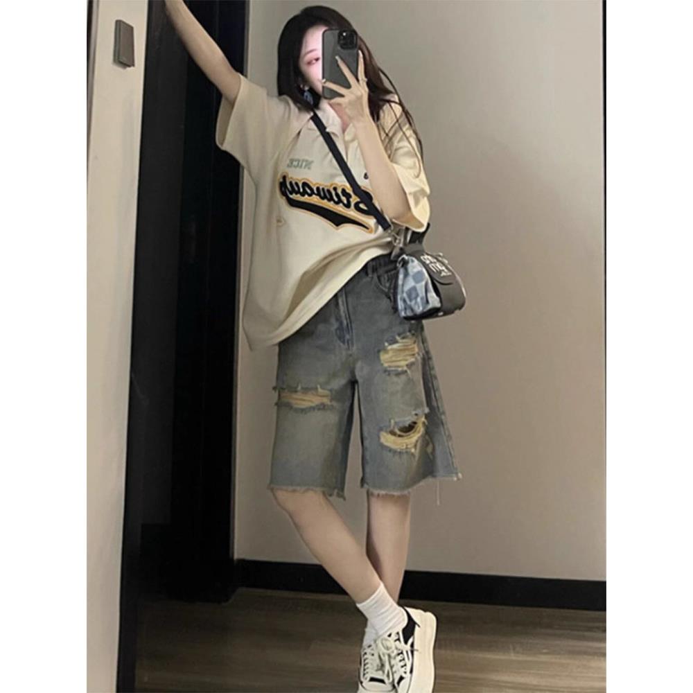 复古破洞牛仔短裤女夏季薄款大码胖MM高腰显瘦a字毛边阔腿五分裤