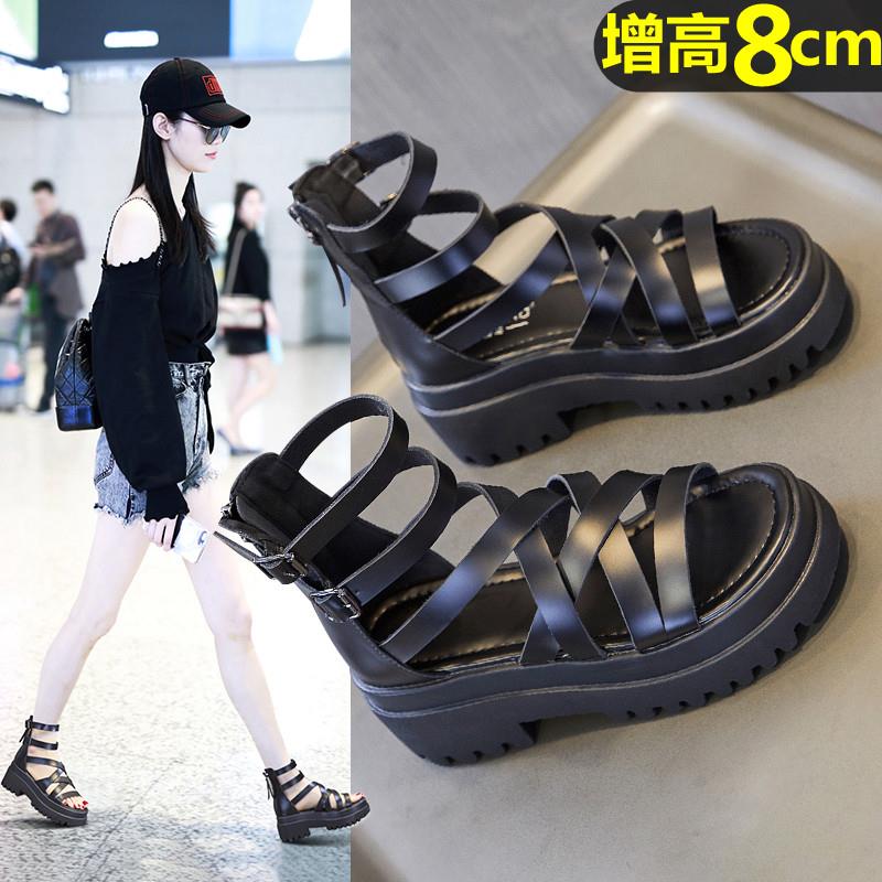头层牛皮真皮凉靴坡跟8CM罗马凉鞋夏休闲运动鞋高帮休闲女鞋厚底