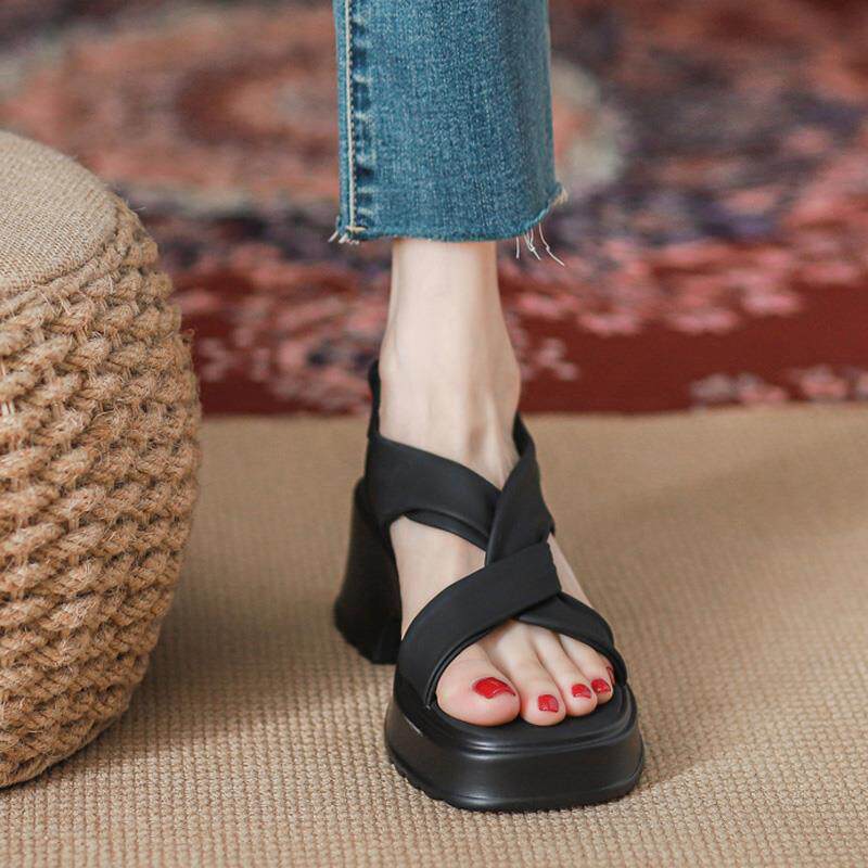 Cmr Diaz厚底凉鞋女2024夏季新款小个子粗跟黑色罗马鞋外穿松糕鞋