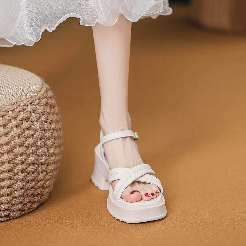 Cmr Diaz厚底凉鞋女2024夏季新款配裙子小个子高跟白色松糕罗马鞋