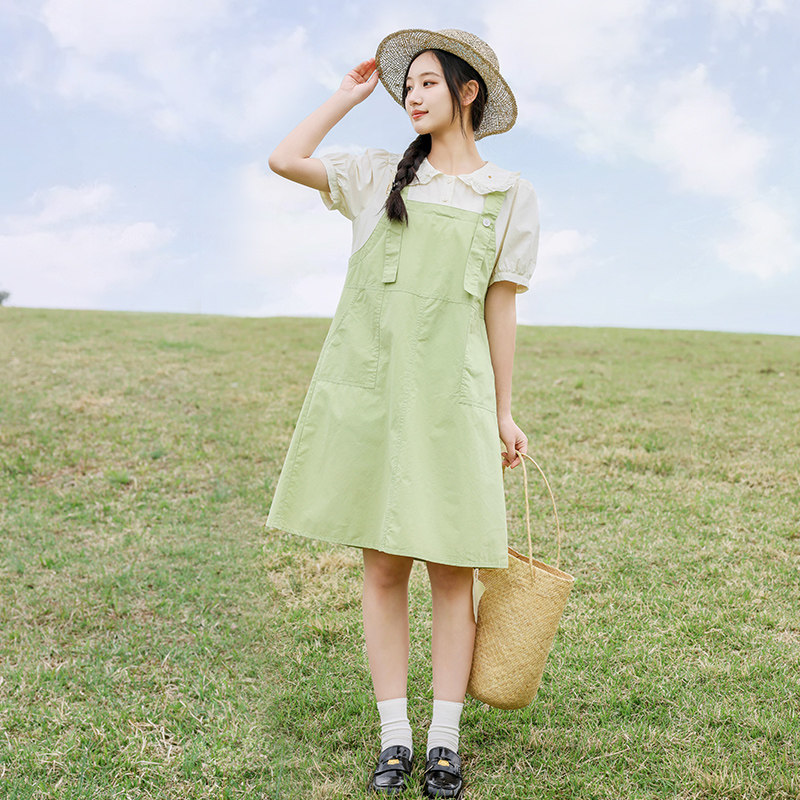 女大童泡泡袖连衣裙夏季2025新款纯棉休闲宽松15岁初中学生背带裙