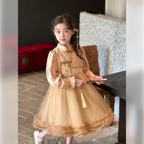 女童汉服2024春季新款儿童裙子新中式长袖网纱连衣裙宝宝国风长裙