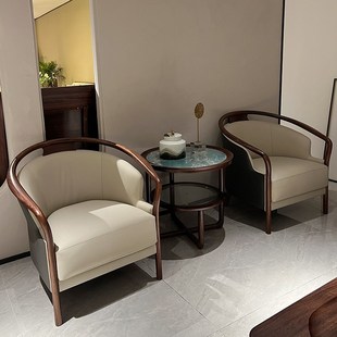 休闲椅三件套圈椅围椅新中式轻奢真皮客厅卧室书房沙发椅岩板圆几