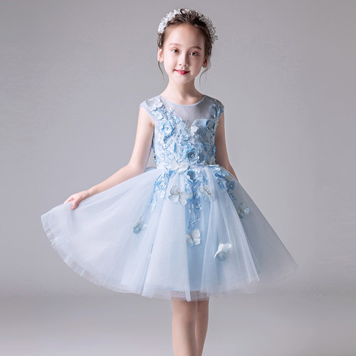 儿童礼服蓝色公主裙女童婚纱蓬蓬纱花童钢琴演出服小主持人晚礼服