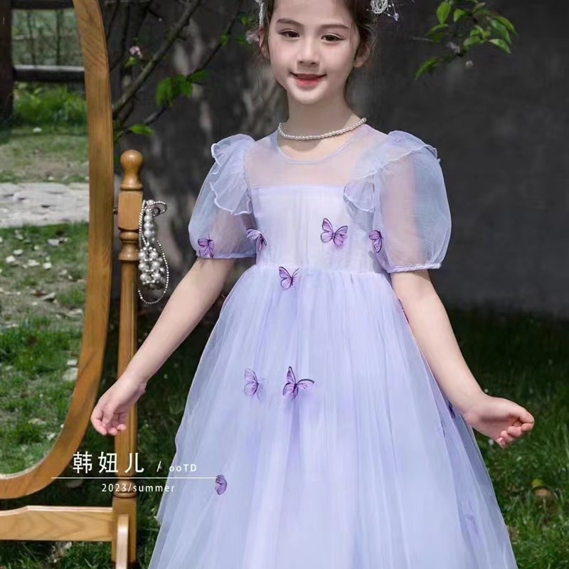 紫色连衣裙女童夏装202t3新款韩版小女孩洋气公主裙儿童蓬蓬纱裙