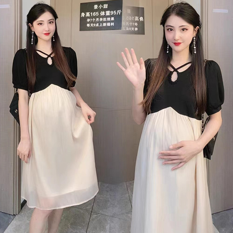 孕妇春夏韩版宽松时尚连衣裙假两件拼接中长N款高腰遮肚显瘦气质
