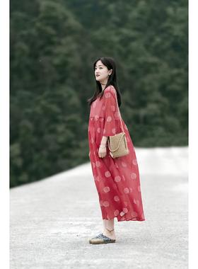 文知收笔墨夏ZXT气质裙红色波点宽松连衣女腰减龄艺复古裙子洋气