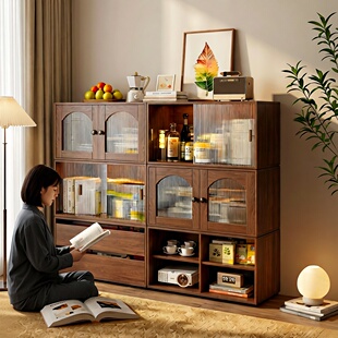 实木书柜靠墙储物柜模块化自由组合柜客厅轻奢高级感书柜带玻璃门