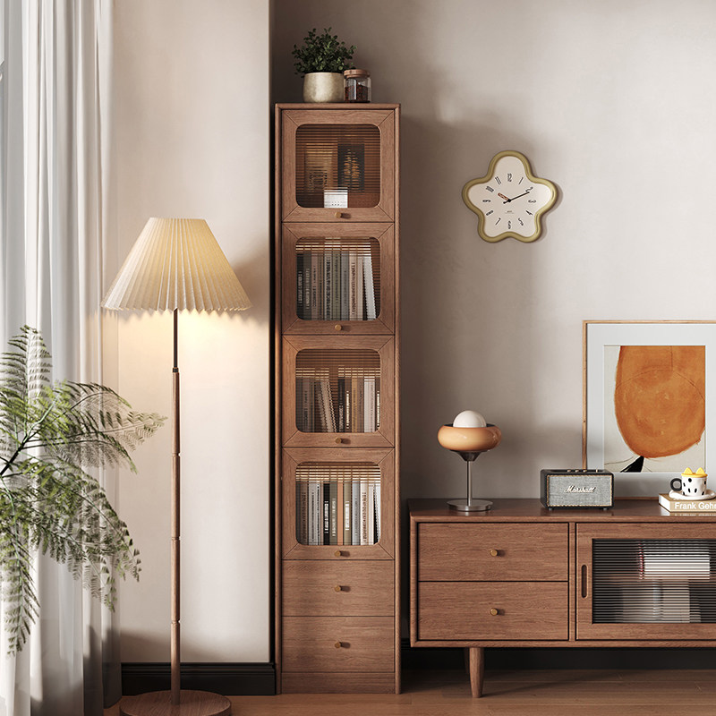 电视柜旁边家用展示柜立柜靠墙落地储物柜带玻璃门窄柜中古风书柜,住宅家具,单个书柜,淘宝优惠券,粉丝福利购,淘宝优惠卷