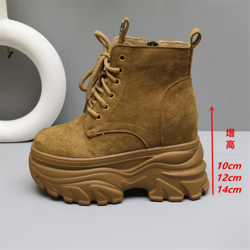 矮个子14cm隐形内增高马丁靴女厚底短靴12cm小个子加绒工装大黄靴