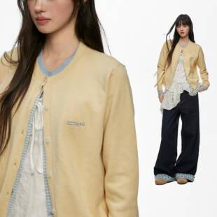 CyNi 简约甜美圆领休闲宽松双色假两件针织开衫毛衣女新款