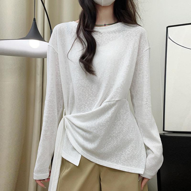 H152慵懒风白色系长袖T恤女夏季薄款防晒衫百搭宽松外穿上衣罩衫