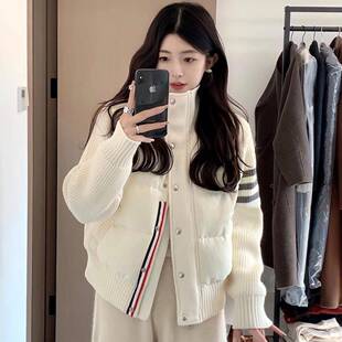 小个子穿搭针织拼接羽绒棉服女短款TB冬季休闲外套女立领棉衣加厚