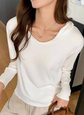 K2688严选连帽慵懒风长袖打底衫女春秋冬新款纯色U领内搭T恤上衣