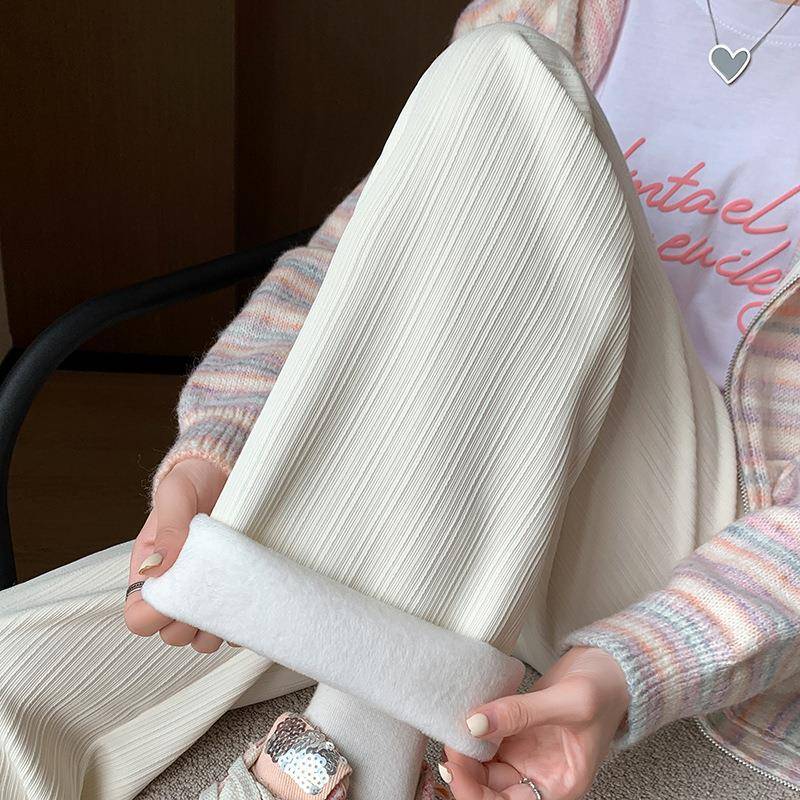 H389窄版竖条纹加绒阔腿裤女秋冬新款宽松显瘦高腰垂感直筒休闲裤