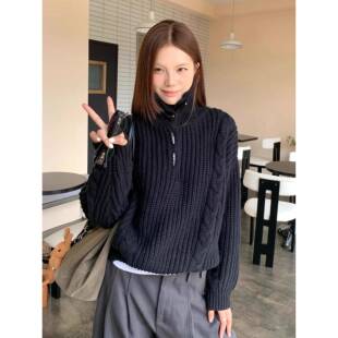 AUNP 黑色高领毛衣外套女秋季新款设计感休闲百搭麻花针织上衣