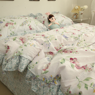 高档花边100%纯棉四件套全棉田园宿舍三件套床单被套床上