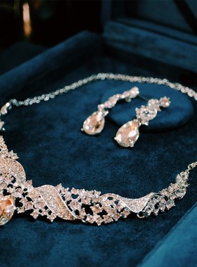 法式轻奢新娘主婚纱一字肩晚礼服配饰晚宴项链耳环结婚高级感大气