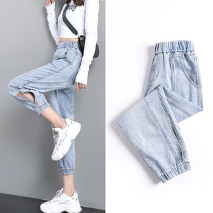 宽松直 学生韩版 无铁无磁裤 子女显瘦高小个子九分哈伦老爹牛O仔裤