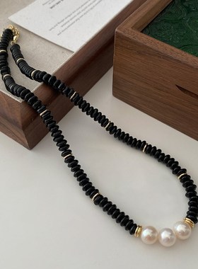黑色天然石项链20m23新款爆款串珠毛衣链秋冬叠带高级感珍珠锁骨