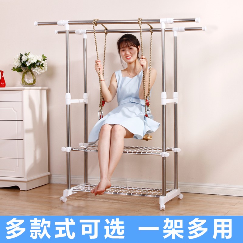 晾衣架落地双杆式不锈钢室内伸缩挂衣架家用简易折叠阳台衣服架子