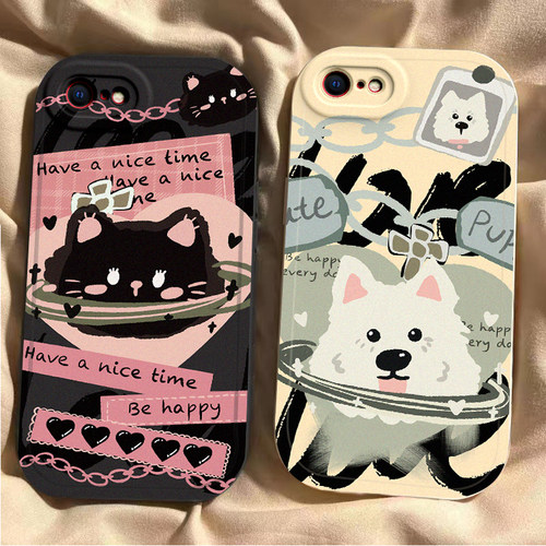 适用苹果SE2手机壳锁链猫狗SE第一代女款可爱iPhoneSE3防摔新款卡通IPse2全包边高颜值se3网红软硅胶保护套