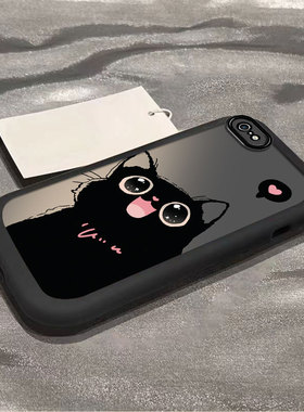 适用苹果6s/7/8plus手机壳新款iPhoneXSmax泡芙壳XR防摔5SE软硅胶11pro全包12/13可爱爱心黑猫i14P潮ip15男女