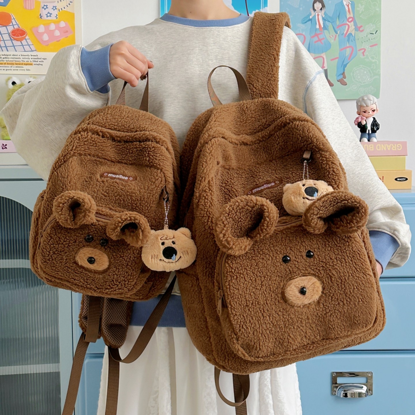 可爱毛绒小熊双肩包女生大学生卡通小书包ins小众少女旅游小背包