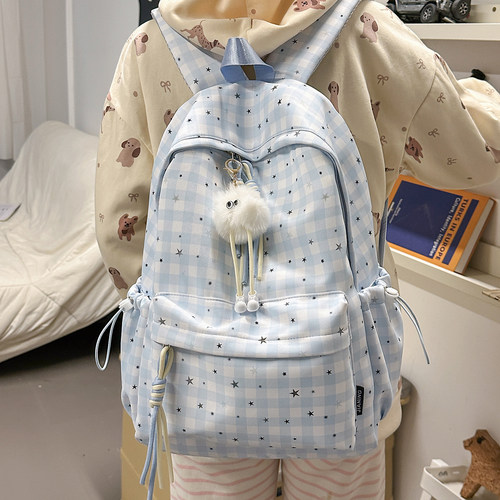 格子小清新轻便大容量女生双肩包