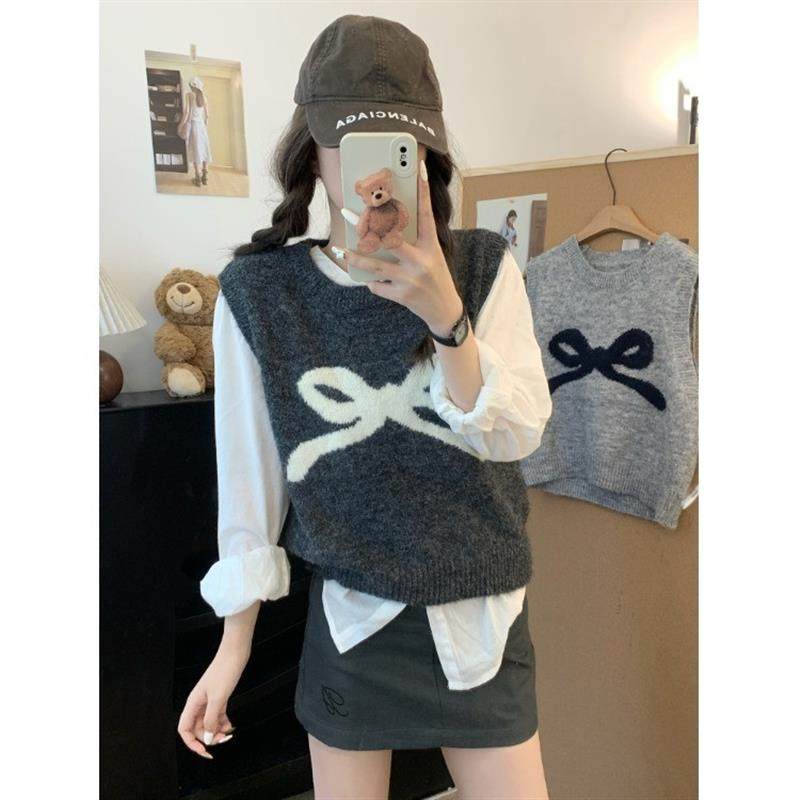 甜美风蝴蝶结提花针织马甲女秋冬新款小个子叠穿休闲百搭软糯上衣