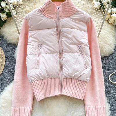 针织拼接棉服外套女2025秋冬设计感小众百搭立领宽松短款保暖上衣