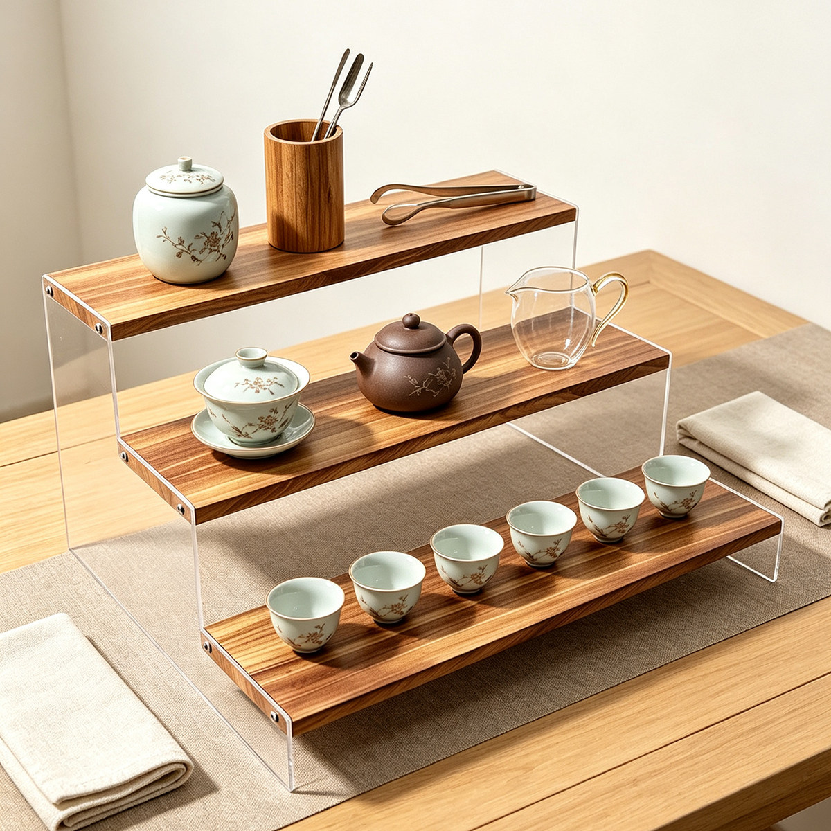 桌面多层置物架家用杯子茶具整理架简约创意木质厨房餐边柜陈列架