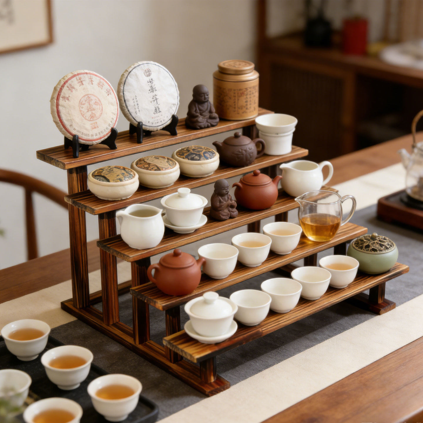 复古实木展示架茶座茶杯收纳展示小酒瓶展示桌面盲盒收纳架多功能图片