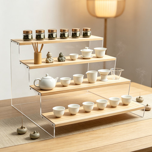 简约桌面多层置物架木质家用茶具杯子加宽摆放收纳架餐边柜陈列架