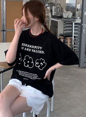 韩版ovesize宽松版ins风短袖t恤女夏季新款2026纯棉落肩半袖bf风