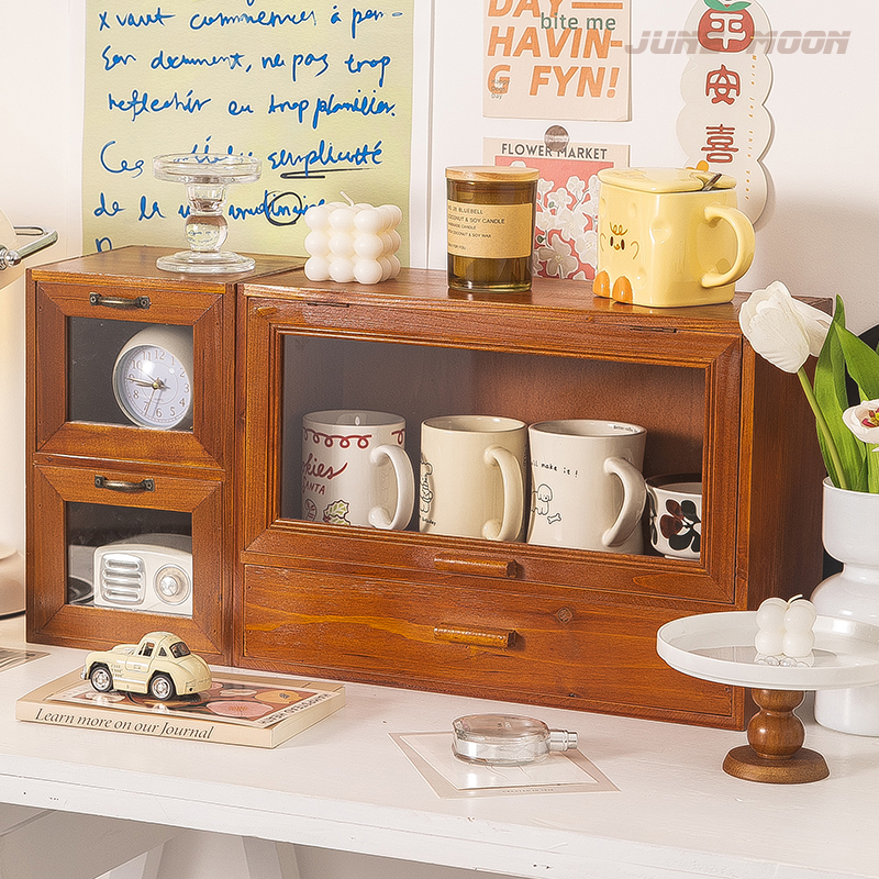 桌面茶具马克杯抽屉式收纳盒覆古工位水杯茶杯摆件储物盒翻盖防尘