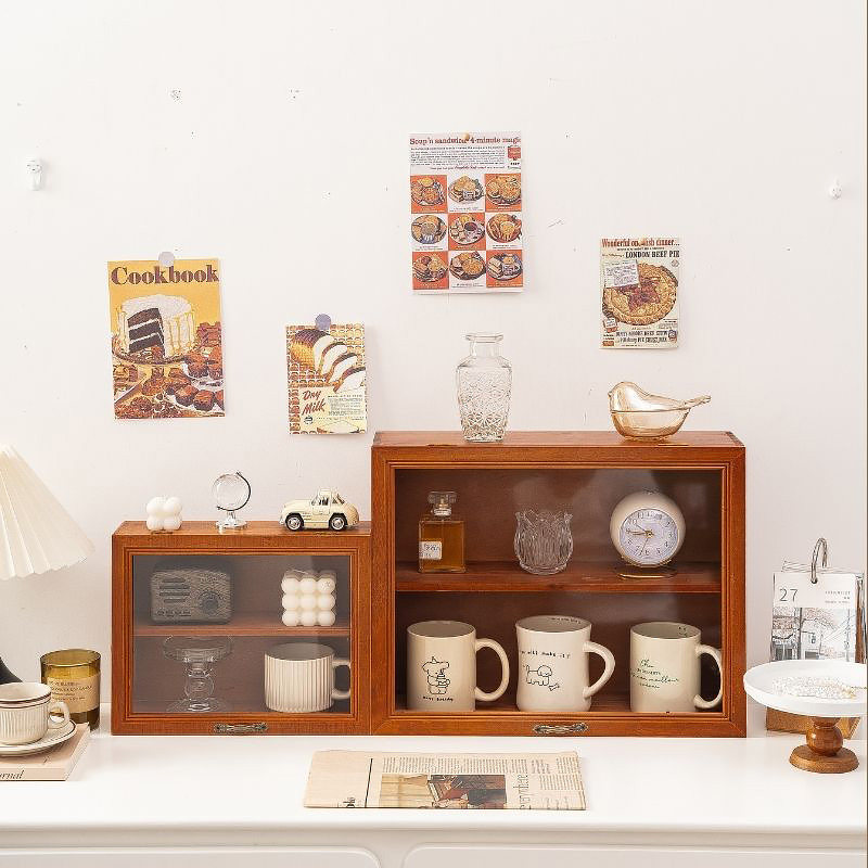 复古实木翻盖亚克力两层桌面化妆品收纳盒手办展示柜盲盒杯子厨房,收纳整理,桌面收纳盒,淘宝优惠券,粉丝福利购,淘宝优惠卷