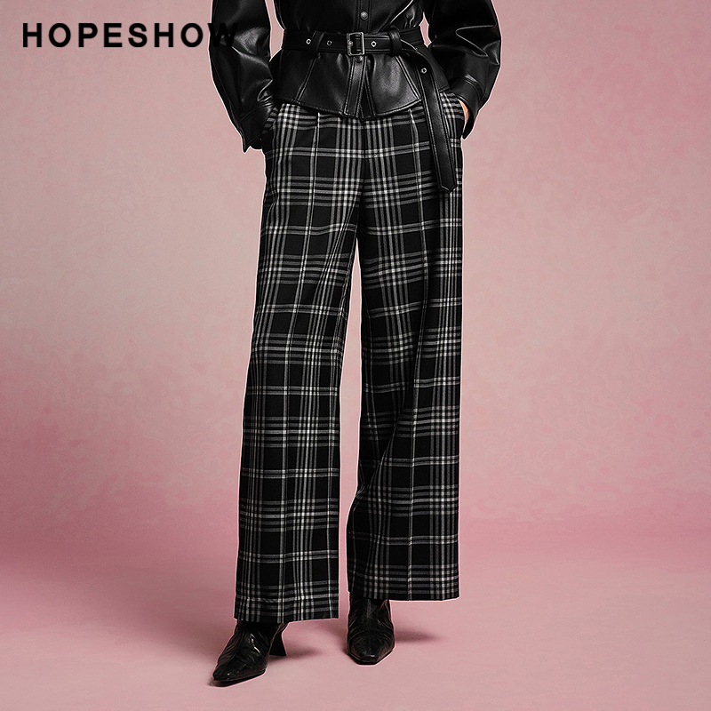 红袖商场同款HOPESHOW2025秋新款女装撞色格纹松紧腰拼接阔腿长裤