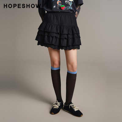 红袖商场同款HOPESHOW2025冬新款女装花边拼接松紧腰短款蛋糕裙