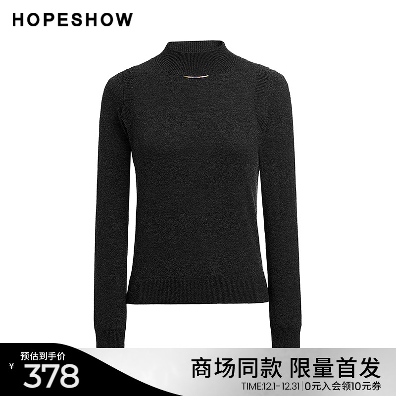 红袖商场同款HOPESHOW2024冬新款女装100%羊毛假两件半高领针织衫