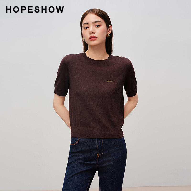 红袖商场同款HOPESHOW2025秋新款女装老钱风正肩短袖套头针织衫