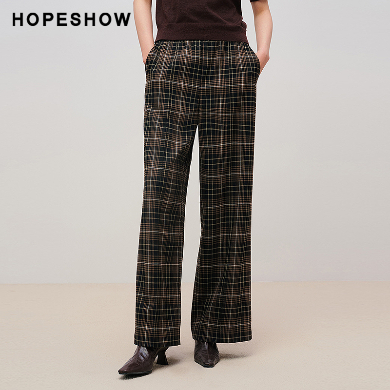 红袖商场同款HOPESHOW2025秋新款女装撞色格纹松紧腰拼接阔腿长裤