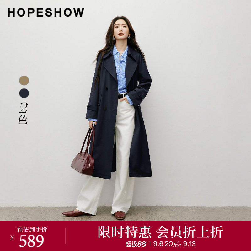 【会员专享】红袖2025秋新款女装英伦风系带双排扣插肩袖风衣外套图片