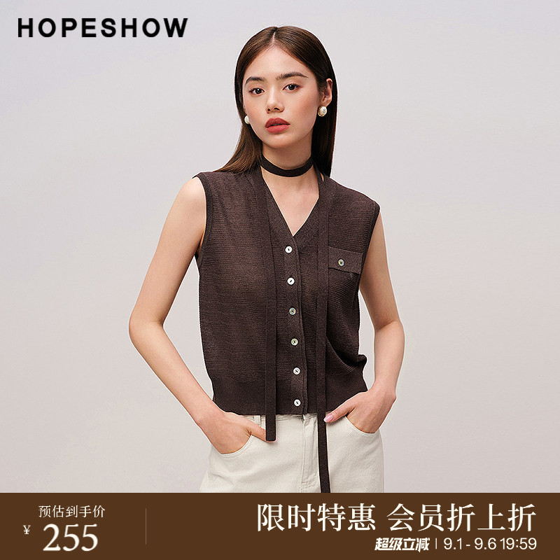 红袖商场同款HOPESHOW2025秋新款女装单排扣无袖V领短款针织衫图片