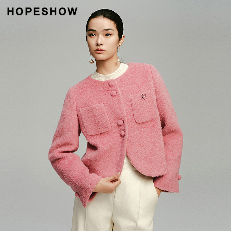 【会员专享】红袖2024冬新款女装正肩单排扣圆领短毛呢大衣