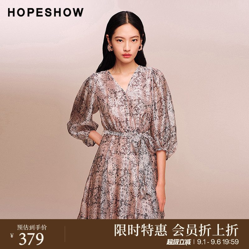 红袖商场同款HOPESHOW2025秋新款女装印花系带正肩中袖V领连衣裙图片
