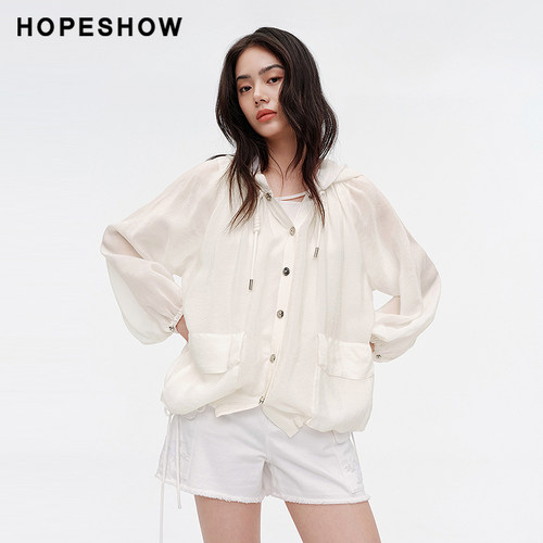 【会员专享】红袖2024夏新款女装工装风抽绳灯笼袖单排扣连帽外套