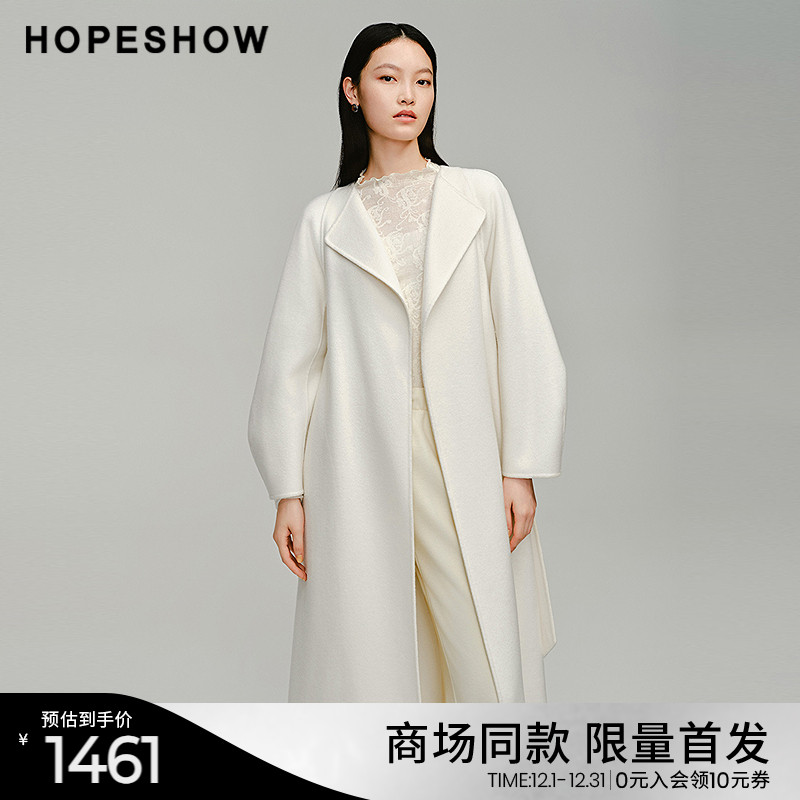 红袖商场同款HOPESHOW冬季2024新款女装系带连肩袖翻领廓形长大衣