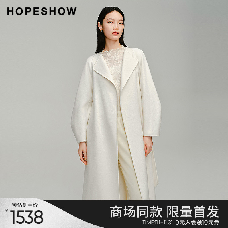 红袖商场同款HOPESHOW冬季2024新款女装系带连肩袖翻领廓形长大衣