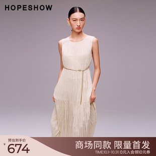不规则压皱无袖 红袖 女装 HOPESHOW2025秋新款 圆领连衣裙 商场同款